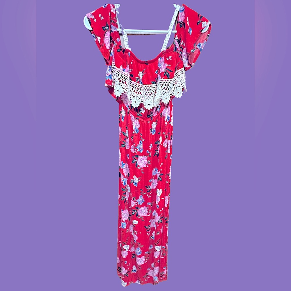 Bohemian Floral Crepe Knit Crochet Trim Slit Hem Maxi Dress